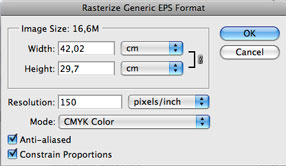 le impostazioni di rasterizzazione al momento dell'importazione su Photoshop