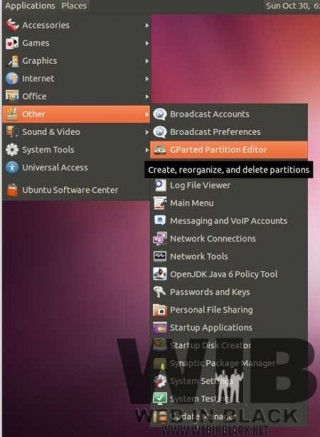 menu che contiene gparted, una volta installato su Ubuntu 11.10 (sessione Gnome classic)