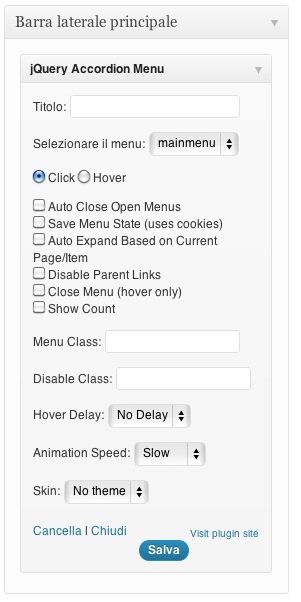 Le impostazioni del widget di JQueryVerticalAccordionMenu