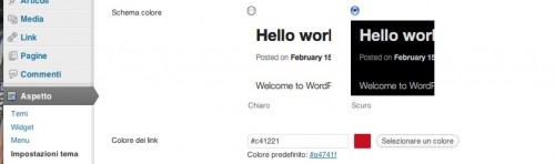 la sezione aspetto opzioni tema nel backend di wordpress