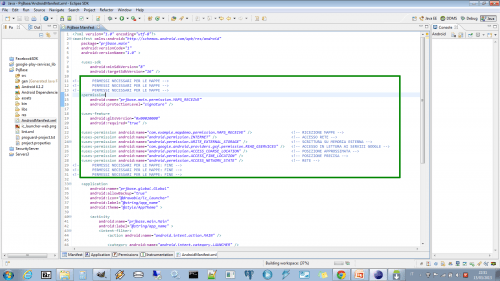 1.2 androidManifest.xml - AGGIUNGERE I PERMESSI E ALTRE IMPOSTAZIONI 