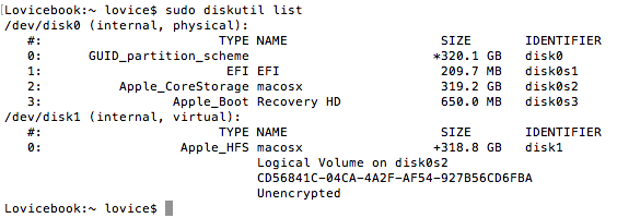 risultato del comando diskutil list